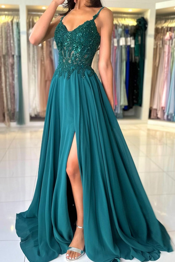 BMbride Attractive Long Green A-line Spaghetti Straps Lace Prom Dress with Slit BMbride