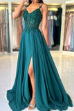 BMbride Attractive Long Green A-line Spaghetti Straps Lace Prom Dress with Slit BMbride