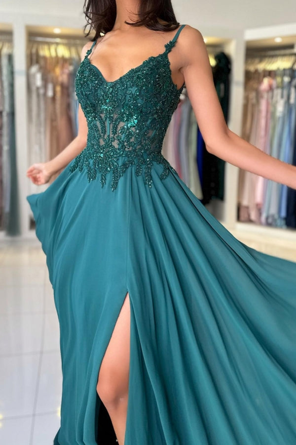 BMbride Attractive Long Green A-line Spaghetti Straps Lace Prom Dress with Slit BMbride