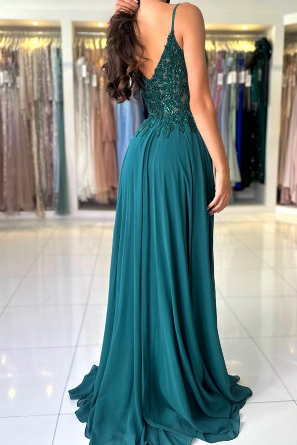 BMbride Attractive Long Green A-line Spaghetti Straps Lace Prom Dress with Slit BMbride