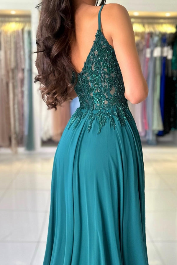 BMbride Attractive Long Green A-line Spaghetti Straps Lace Prom Dress with Slit BMbride