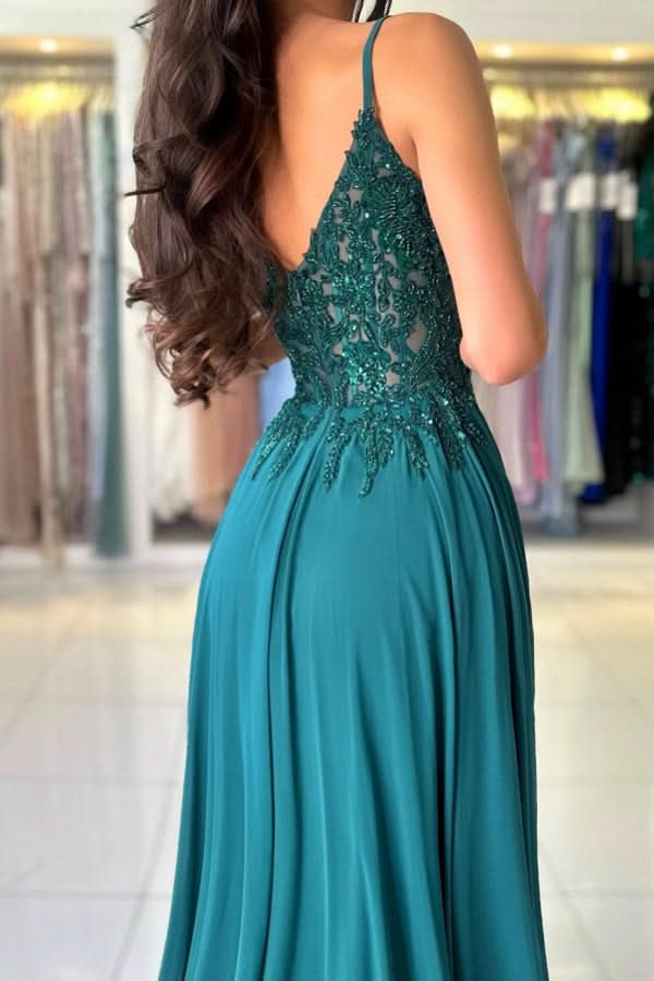 BMbride Attractive Long Green A-line Spaghetti Straps Lace Prom Dress with Slit BMbride
