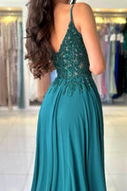 BMbride Attractive Long Green A-line Spaghetti Straps Lace Prom Dress with Slit BMbride