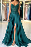 BMbride Attractive Long Green A-line Spaghetti Straps Lace Prom Dress with Slit BMbride