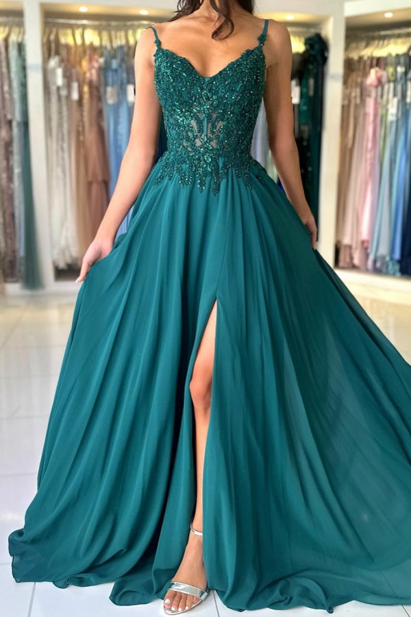 BMbride Attractive Long Green A-line Spaghetti Straps Lace Prom Dress with Slit BMbride