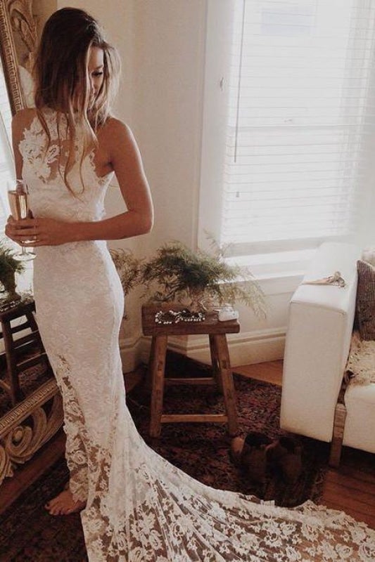BMbride Awesome Lace Open Back Beach Mermaid Elegant Wedding Dresses BMbride