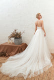 Classy A-Line Deep V-Neck Floor-Length Open Back Wedding Dress with Lace and Tulle BM bride