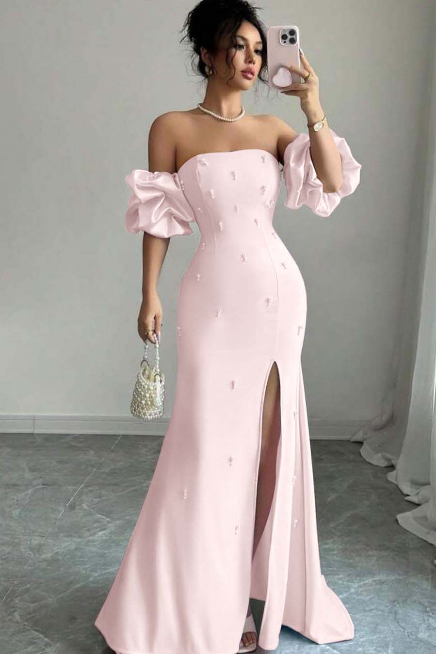 Strapless Bubble Sleeves Long Split Prom Dress With Beading BMBRIDE
