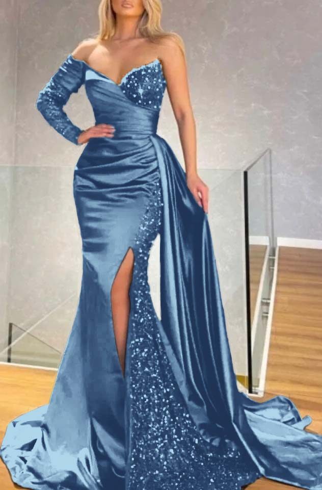 Long Sleeve Strapless Long Split Prom Dress With Pleated Sequins BMBRIDE
