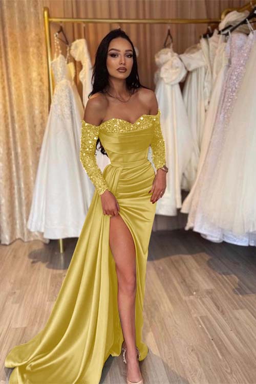 Off the Shoulder Long Sleeves Long Mermaid Prom Dress With Pleated BMBRIDE