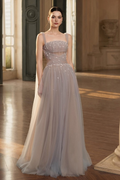 Stunning Tulle Straps Sleeveless Long Prom Dress With Beading BMBRIDE