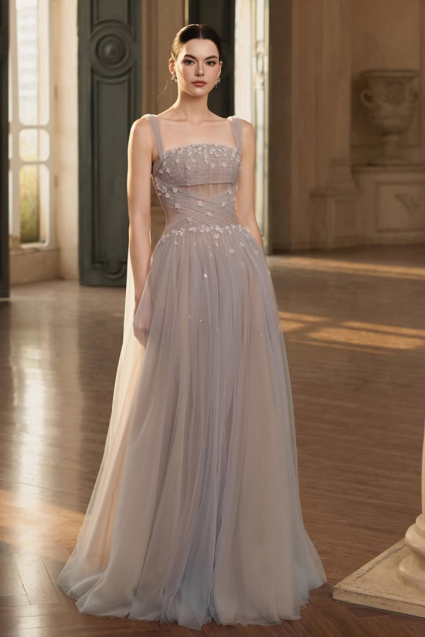 Stunning Tulle Straps Sleeveless Long Prom Dress With Beading BMBRIDE
