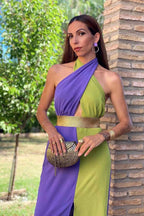 High Neck Sleeveless A Line Contrasting Colors Prom Dress Split With Belt
