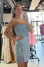 Glitter Blue Corset Floral Sequins Tight Short Homecoming Dress with Fringes
