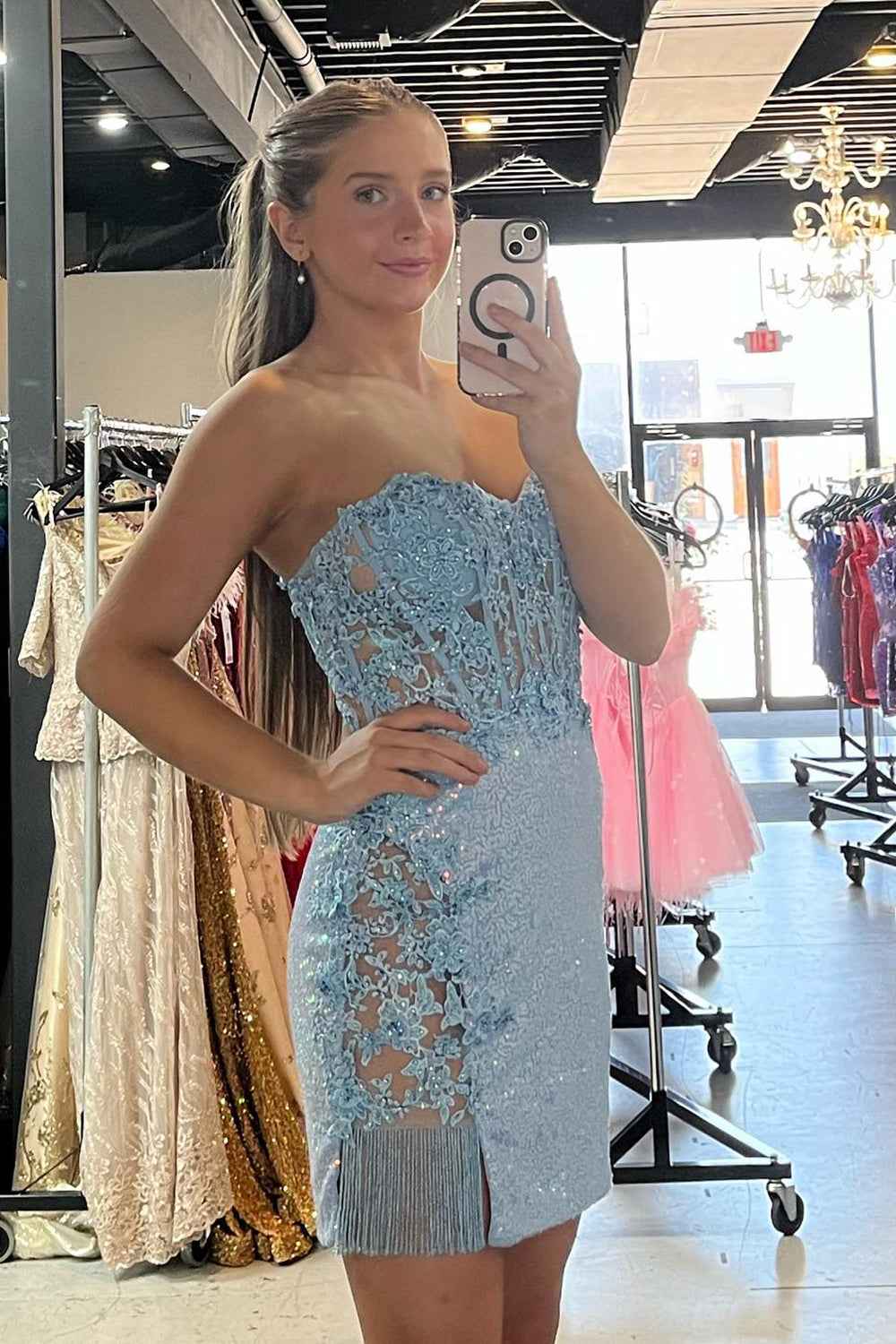 Glitter Blue Corset Floral Sequins Tight Short Homecoming Dress with Fringes