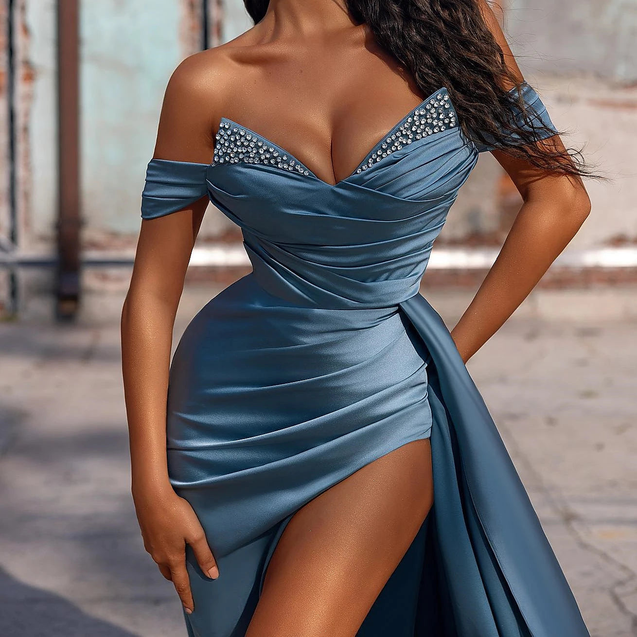Mermaid Dusty Blue Off the Shoulder Sleeveless Prom Dress With High Split BMBRIDE