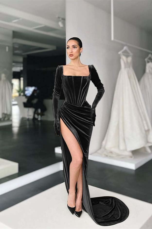 Stunning Square Neck Long Sleeves Pleated Long Prom Dress With Side Split BMBRIDE