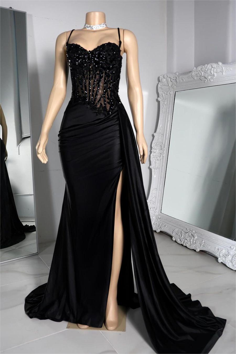 Exquisite Black Spaghetti Strap Sleeveless Pleated Long Split Prom Dress With Beading BMBRIDE