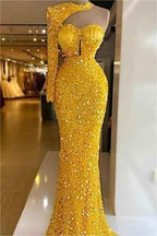 One Shoulder Yellow Halter Long Sleeve Sweetheart Mermaid Prom Dress With Sequins
