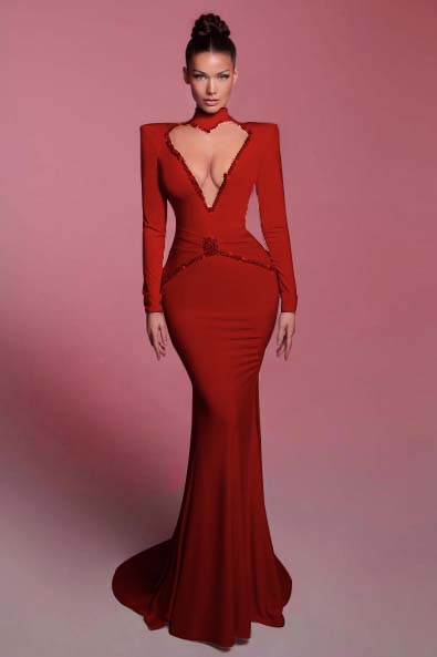 High Neck Long Sleeves Long Mermaid Prom Dress With Sequins BMBRIDE