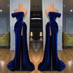 Dark Blue One Shoulder Mermaid Prom Dress with Beads Long Split BM bride