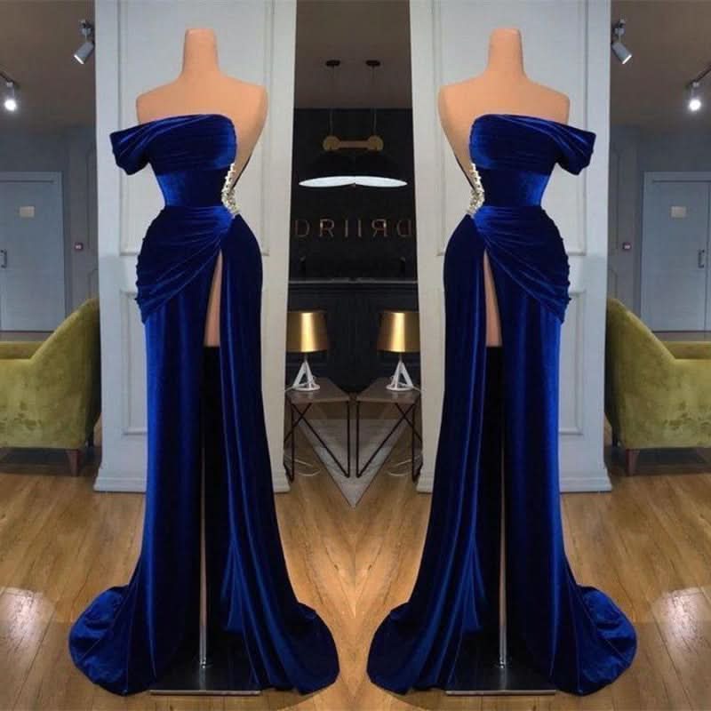 Dark Blue One Shoulder Mermaid Prom Dress with Beads Long Split BM bride