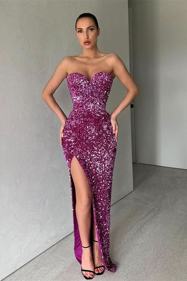 Purple Sweetheart Mermaid Evening Dress with Sequins and Split BM bride