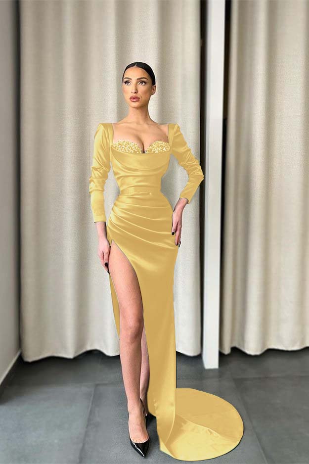 Long Sleeves Dark Green Sweetheart Split Prom Dress With Sequins BMBRIDE