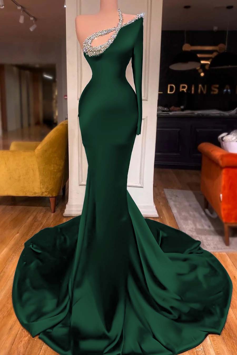 One Shoulder Long Sleeve Mermaid Long Prom Dress With Beading BMBRIDE