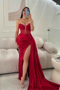 Glamorous Red Strapless Sleeveless Pleated Long Split Prom Dress With Sequins