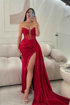 Glamorous Red Strapless Sleeveless Pleated Long Split Prom Dress With Sequins