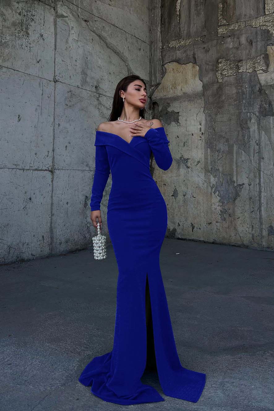Off the Shoulder Long Sleeves Split Long Prom Dress With Pleated BMBRIDE