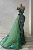 Tulle Strapless Sleeveless High Split Long Prom Dress With Beading