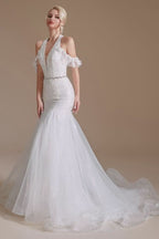Elegant Long Mermaid Halter Tulle Floor-Length Wedding Dress with Lace Appliques BM bride