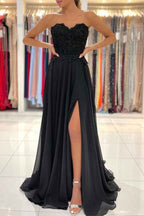 Black Sweetheart Strapless Sleeveless Split Long Prom Dress With Appliques