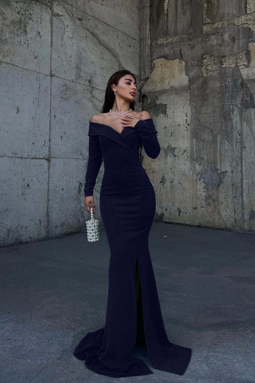 Off the Shoulder Long Sleeves Split Long Prom Dress With Pleated BMBRIDE