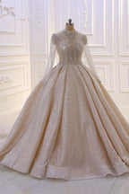 High Neck Long Sleeve Satin Ball Gown Wedding Dress with Sequins BM bride