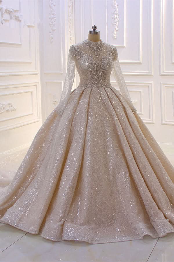 High Neck Long Sleeve Satin Ball Gown Wedding Dress with Sequins BM bride