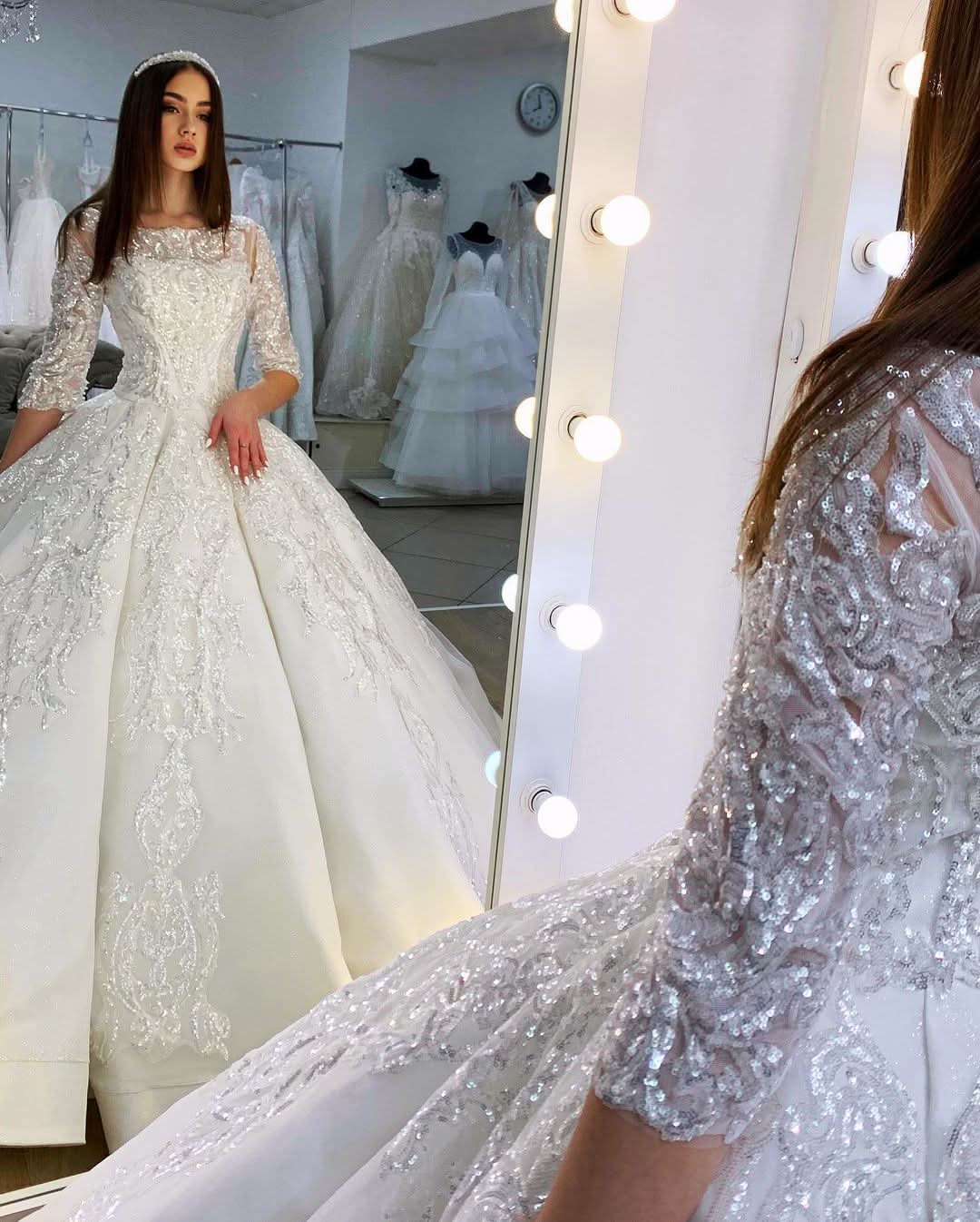 Gorgeous Bateau Satin Floor-length Princess Wedding Dress Long Sleeves With Appliques Lace BM bride