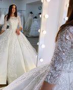 Gorgeous Bateau Satin Floor-length Princess Wedding Dress Long Sleeves With Appliques Lace BM bride