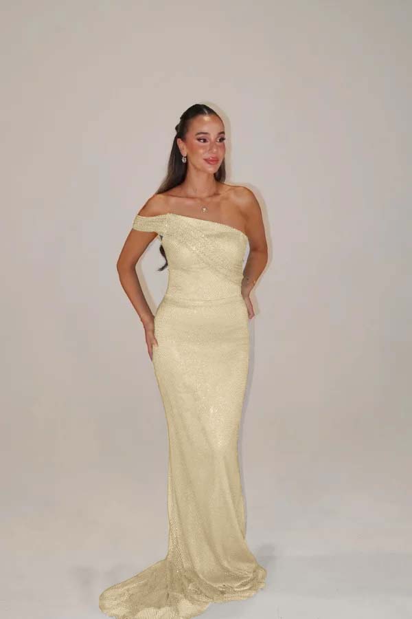 Sequins One Shoulder Sleeveless Long Mermaid Prom Dress With Pleated BMBRIDE