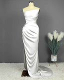 Simple Blue Sleeveless Charmeuse Prom Dress with High Slit and Pleats BM bride