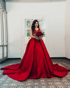 Long Ball Gown Princess Satin V-Neck Wedding Dress with Lace BM bride