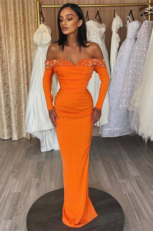 Modern Orange Off-The-Shoulder Long Sleeves Strapless Mermaid Prom Dress with Sequins BM bride