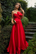 Strapless Sleeveless A Line Long Prom Dress With Bowknot Pleated