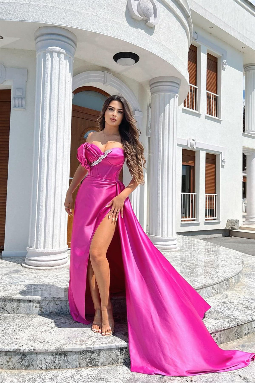 Fuchsia Sleeveless Beaded Sweetheart Mermaid Prom Dress with Split BM bride