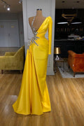 Charming Mermaid Yellow long Sleeves Pleated Long Prom Dress With Beadings BMBRIDE