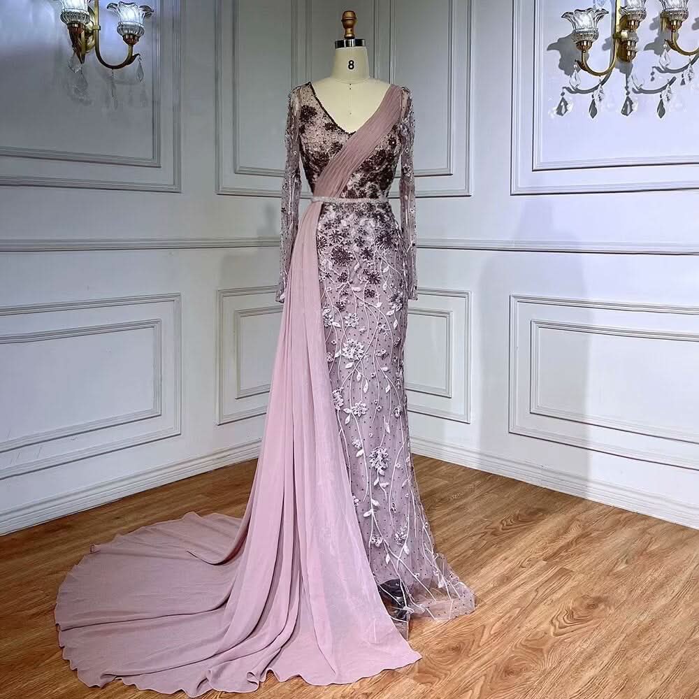 Pink Long Sleeve Evening Dress with Beaded Lace Printing and Chiffon Train BM bride