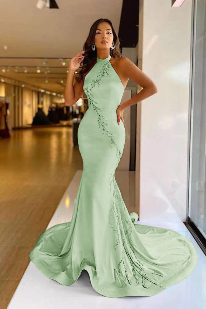 Elegant High Neck Pink Mermaid Prom Dress with Appliqued BM bride