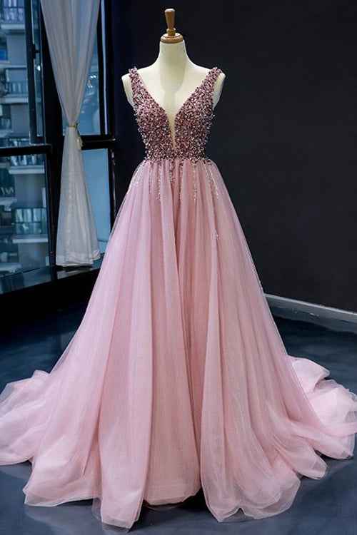 Pink V Neck Mermaid Sleeveless Prom Dress With Beading On Sale